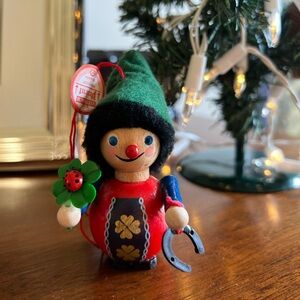 Vintage Steinbach Good Luck Wooden Holiday Elf Ornament with clover and horsesho